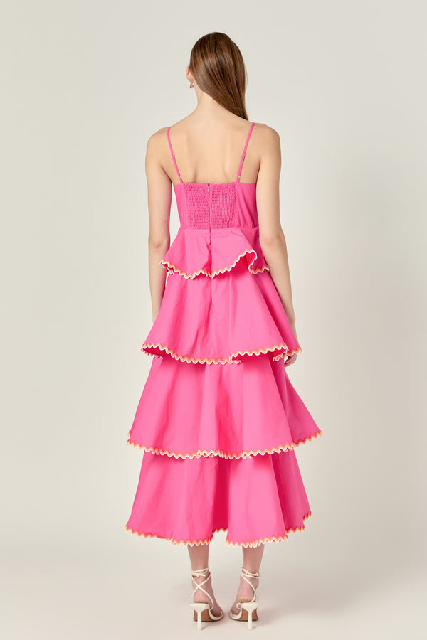 English Factory Poplin Tiered Maxi Dress With Ric Rac Trim HOT PINK