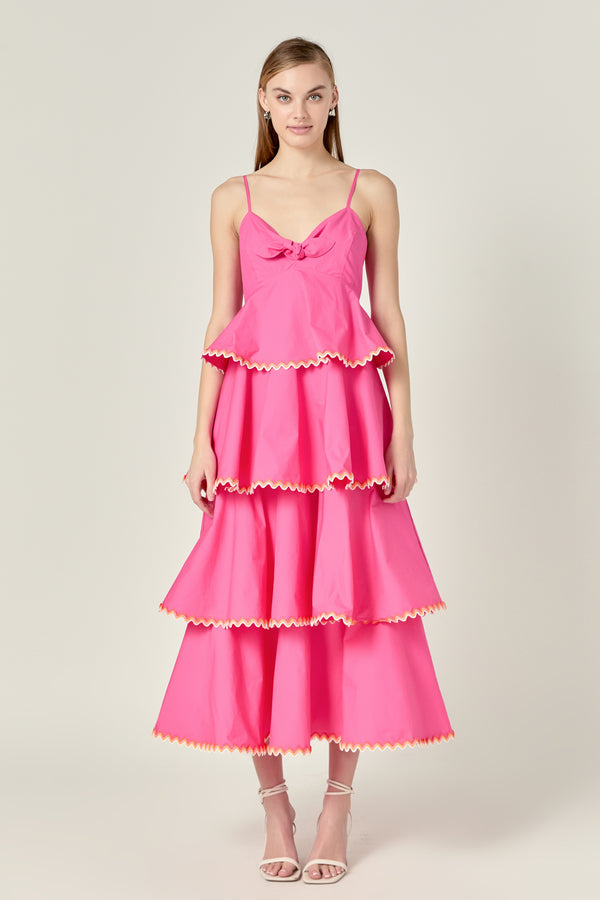 english factory Poplin Tiered Maxi Dress with Ric Rac Trim HOT PINK
