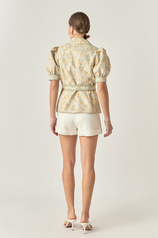 English Factory Premium Embroidered Linen Belted Short Sleeve Jacket TAN MULTI