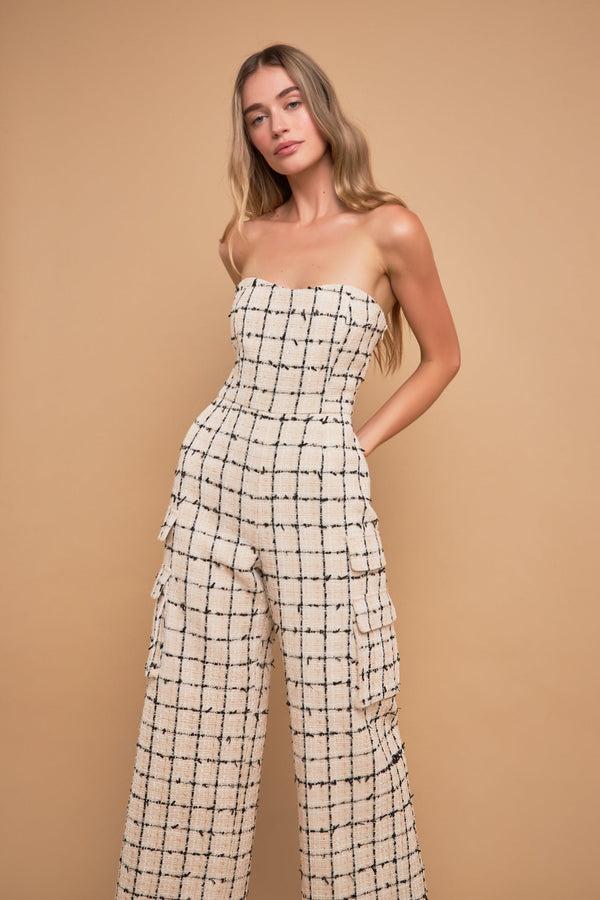 English Factory Premium Tweed Sleeveless Cargo Jumpsuit CREAM/BLACK