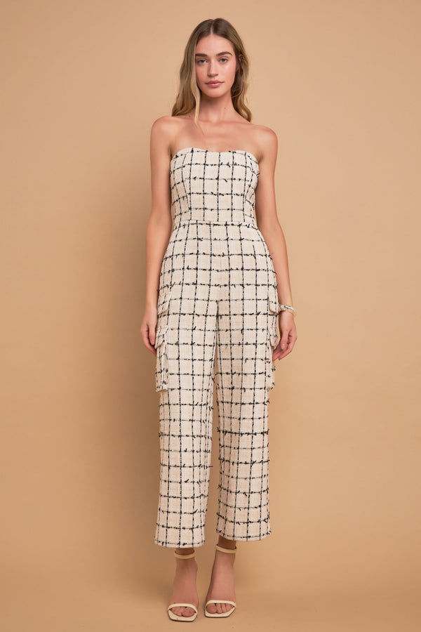 english factory Premium Tweed Sleeveless Cargo Jumpsuit CREAM/BLACK