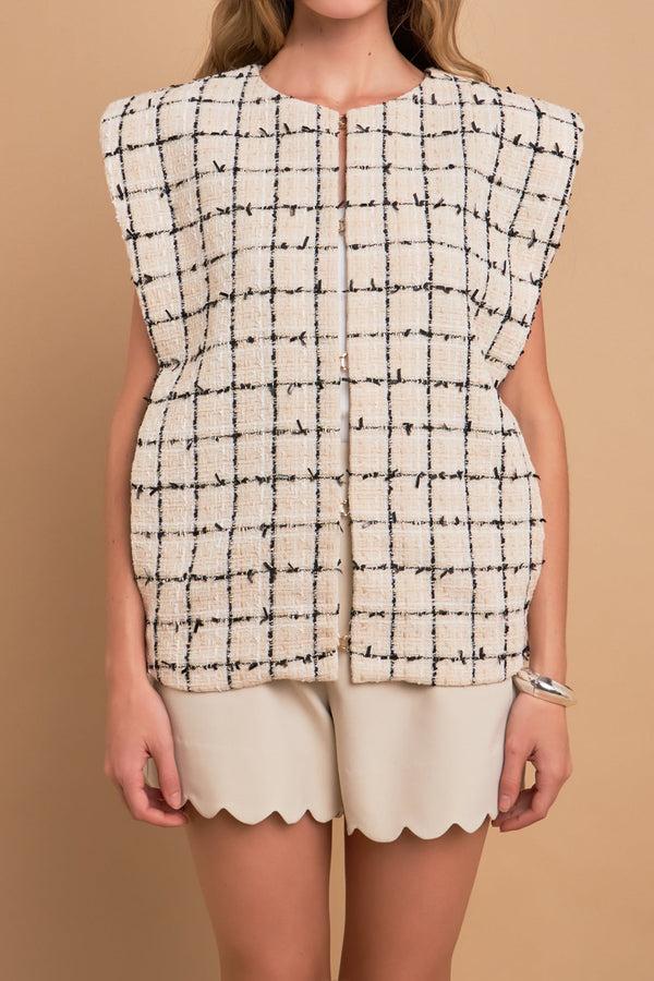 English Factory Premium Tweed Vest With Shoulder Pads CREAM/BLACK