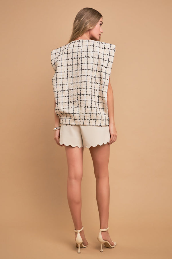 English Factory Premium Tweed Vest With Shoulder Pads CREAM/BLACK