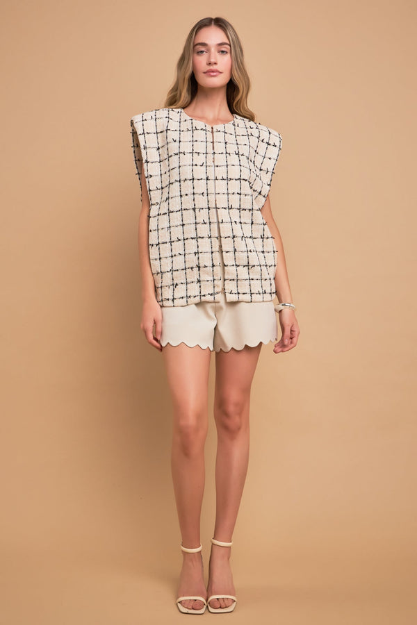 english factory Premium Tweed Vest with Shoulder Pads CREAM/BLACK