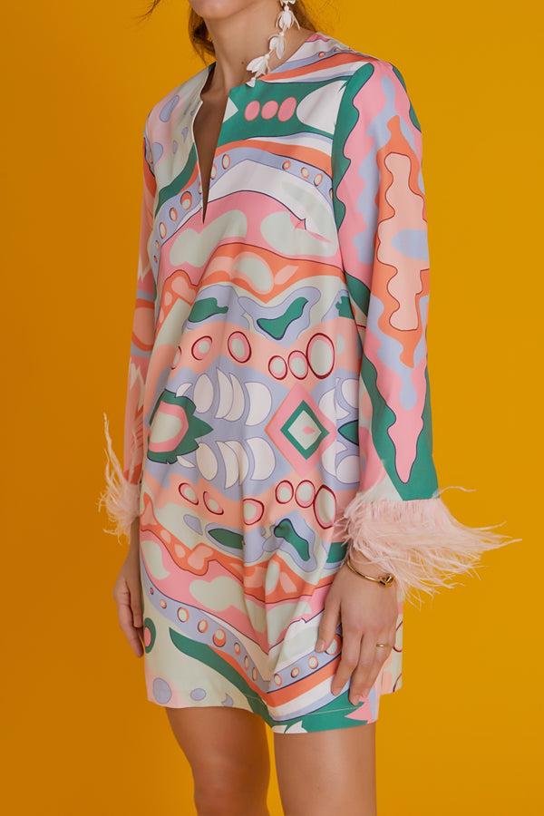 English Factory Print Mini Tunic Dress With Feather MULTI