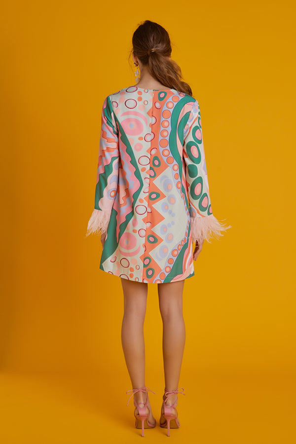 English Factory Print Mini Tunic Dress With Feather MULTI
