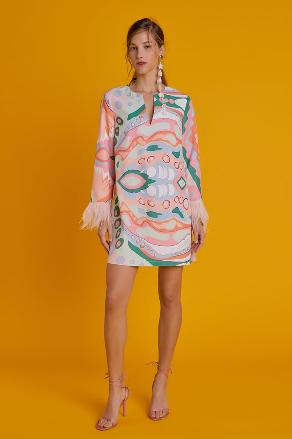 english factory Print Mini Tunic Dress With Feather MULTI