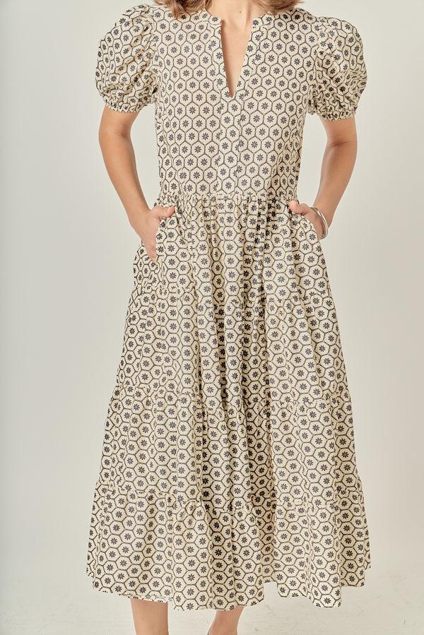 English Factory Print Puff Sleeve Midi Dress BEIGE/BLACK