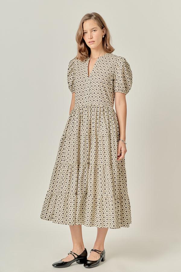 English Factory Print Puff Sleeve Midi Dress BEIGE/BLACK