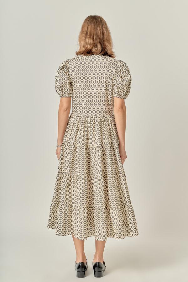 English Factory Print Puff Sleeve Midi Dress BEIGE/BLACK