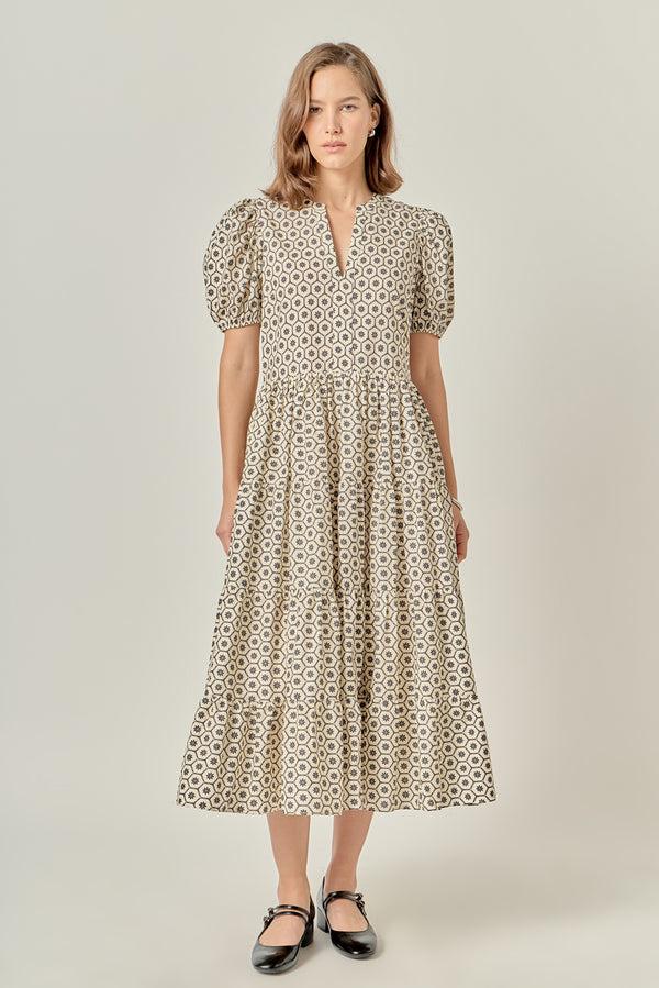 english factory Print Puff Sleeve Midi Dress BEIGE/BLACK