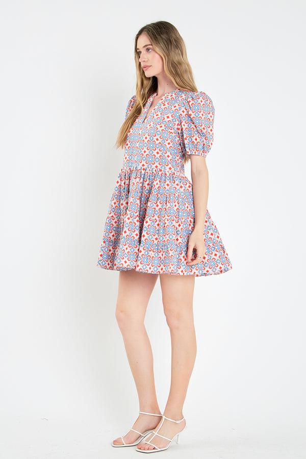 English Factory Print Puff Sleeve Mini Dress RED MULTI