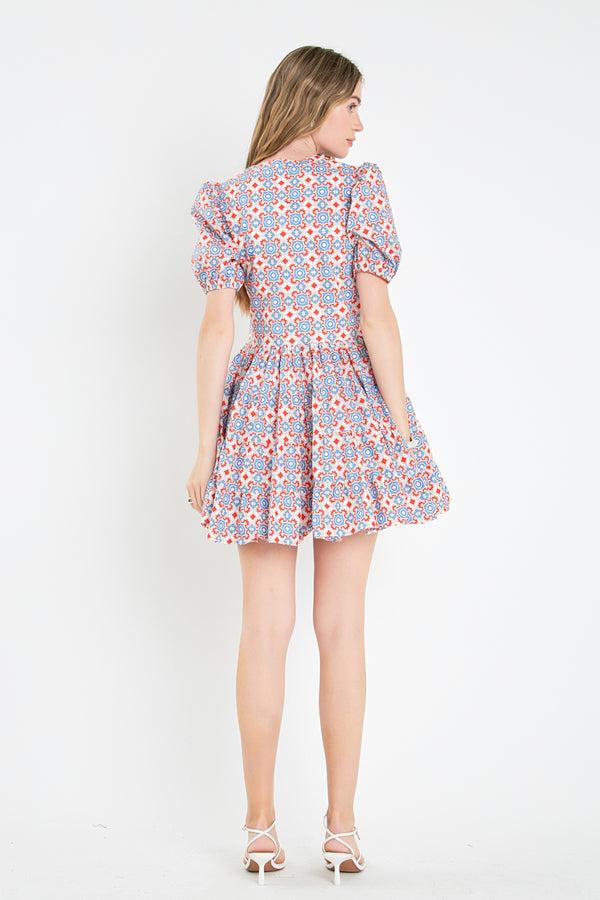 English Factory Print Puff Sleeve Mini Dress RED MULTI