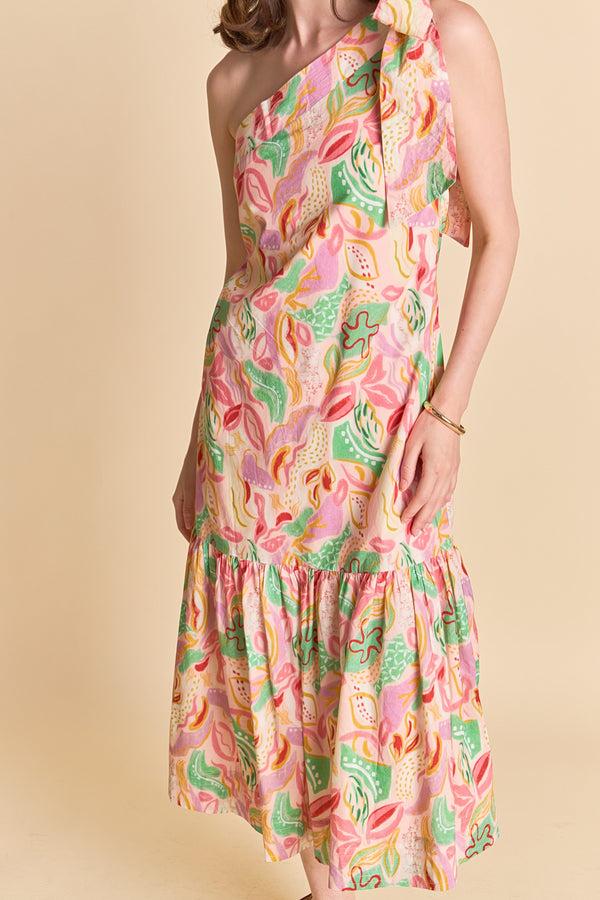 English Factory Printed One-Shoulder Flounce Midi Dress MULTI