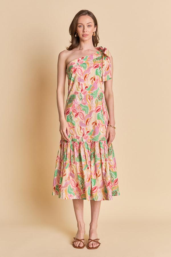 english factory Printed One-Shoulder Flounce Midi Dress MULTI