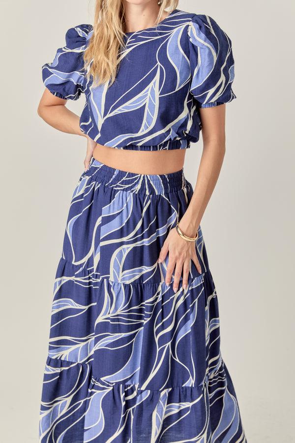 English Factory Printed Puff Sleeve Crop Top NAVY/BLUE MULTI