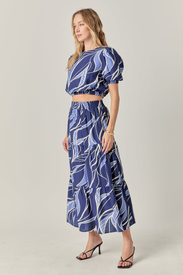 English Factory Printed Puff Sleeve Crop Top NAVY/BLUE MULTI