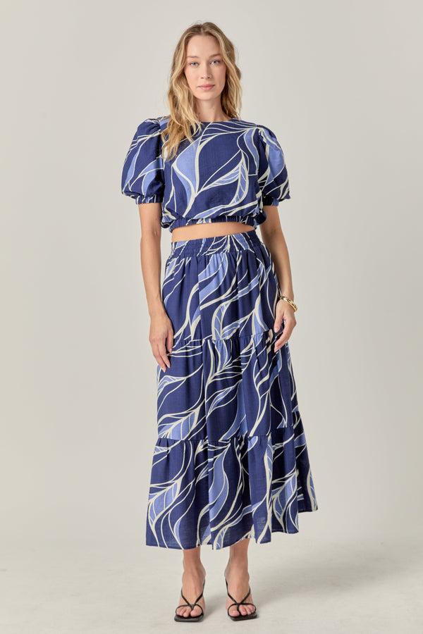 english factory Printed Puff Sleeve Crop Top NAVY/BLUE MULTI