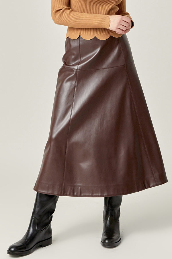 English Factory PU High Waisted Midi Skirt DARK BROWN