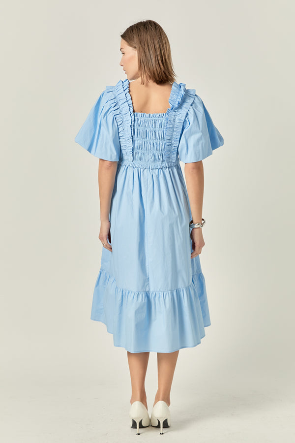 English Factory Puff Short Sleeve Square Neck Midi Dress POWDER BLUE