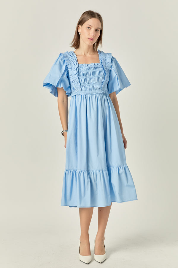 english factory Puff Short Sleeve Square Neck Midi Dress POWDER BLUE