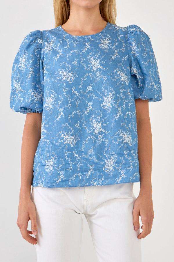 English Factory Puff Sleeve Chambray Floral Top LIGHT BLUE