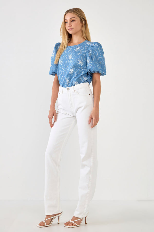 English Factory Puff Sleeve Chambray Floral Top LIGHT BLUE