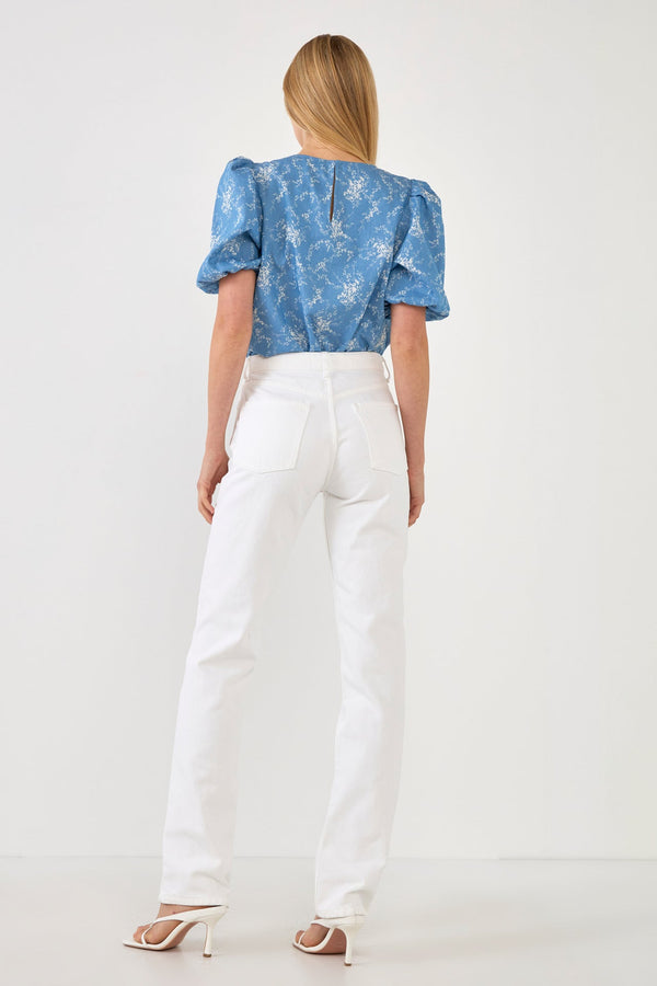 English Factory Puff Sleeve Chambray Floral Top LIGHT BLUE
