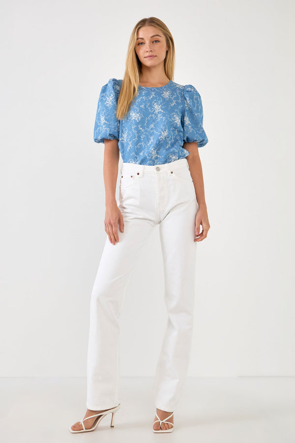 english factory Puff Sleeve Chambray Floral Top LIGHT BLUE