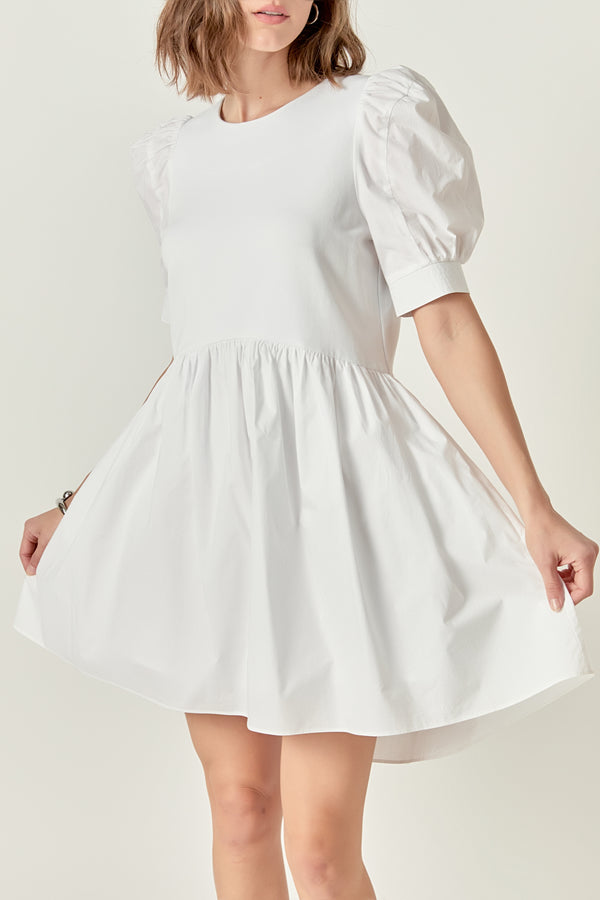 English Factory Puff Sleeve High Low Knit Combo Dress WHITE