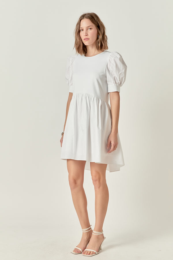 English Factory Puff Sleeve High Low Knit Combo Dress WHITE