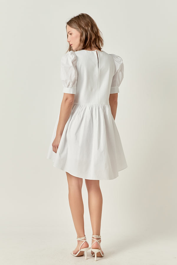 English Factory Puff Sleeve High Low Knit Combo Dress WHITE
