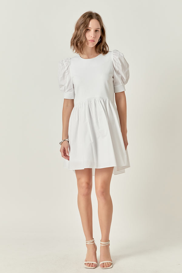 english factory Puff Sleeve High Low Knit Combo Dress WHITE