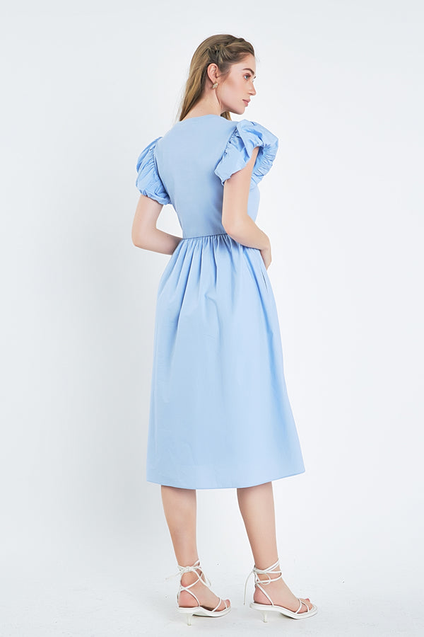 English Factory Puff Sleeve Mixed Media Dress POWDER BLUE