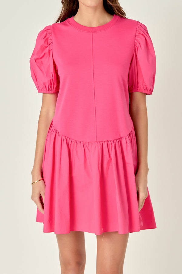 English Factory Puff Sleeve Mixed Media Mini Dress FUCHSIA