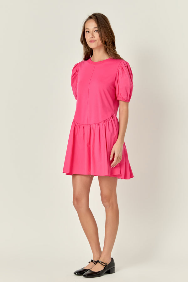 English Factory Puff Sleeve Mixed Media Mini Dress FUCHSIA