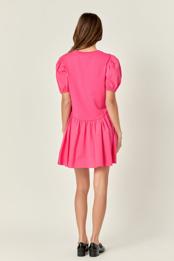 English Factory Puff Sleeve Mixed Media Mini Dress FUCHSIA