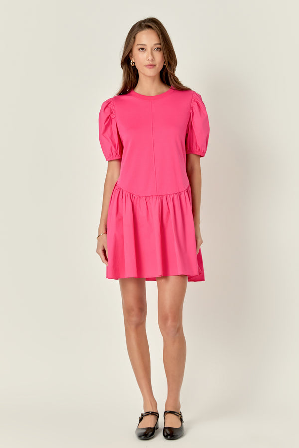 english factory Puff Sleeve Mixed Media Mini Dress FUCHSIA