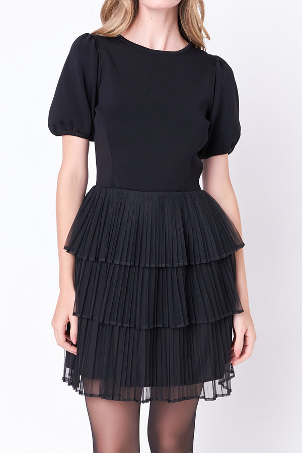 English Factory Puff Sleeve Mixed Media Mini Dress In Black BLACK