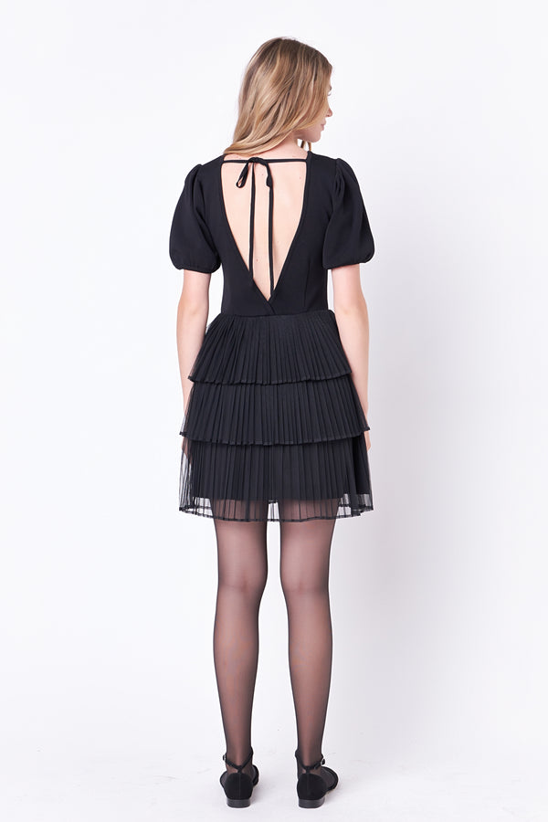 English Factory Puff Sleeve Mixed Media Mini Dress In Black BLACK