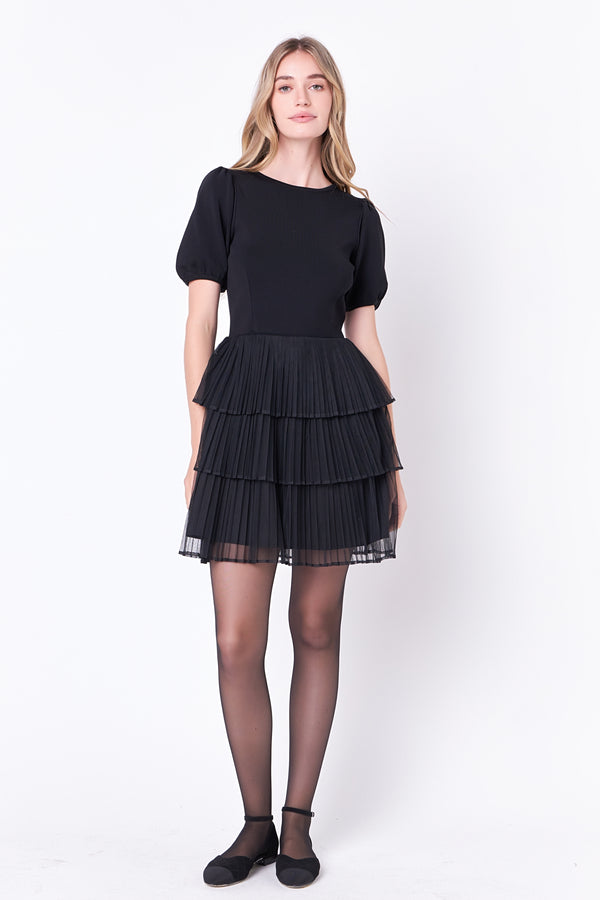 english factory Puff Sleeve Mixed Media Mini Dress in Black BLACK