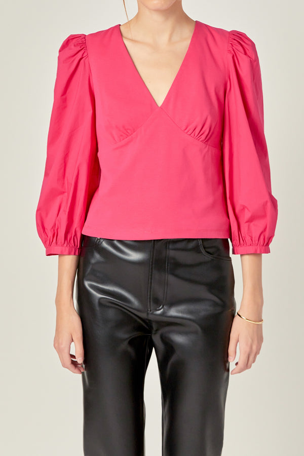 English Factory Puff Sleeve Mixed Media Top MAGENTA