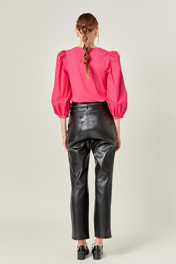 English Factory Puff Sleeve Mixed Media Top MAGENTA