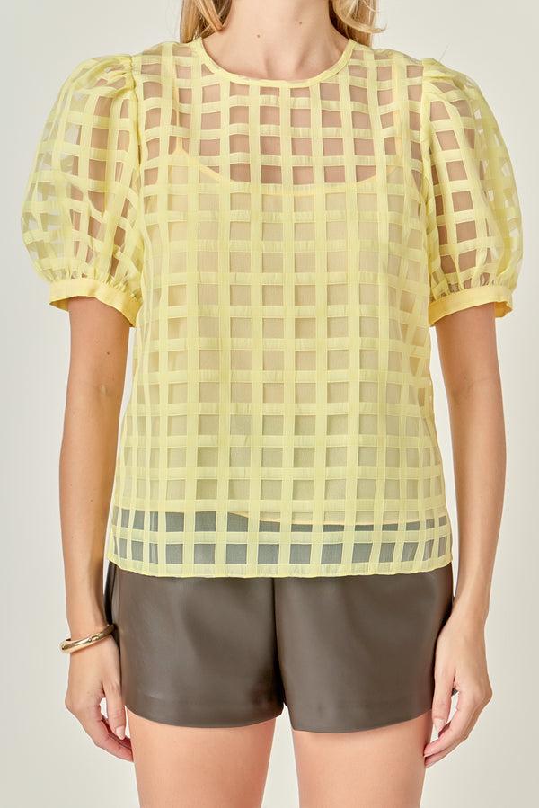 English Factory Puff Sleeve Plaid Sheer Top LIGHT YELLOW