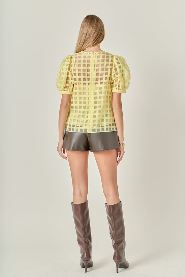 English Factory Puff Sleeve Plaid Sheer Top LIGHT YELLOW