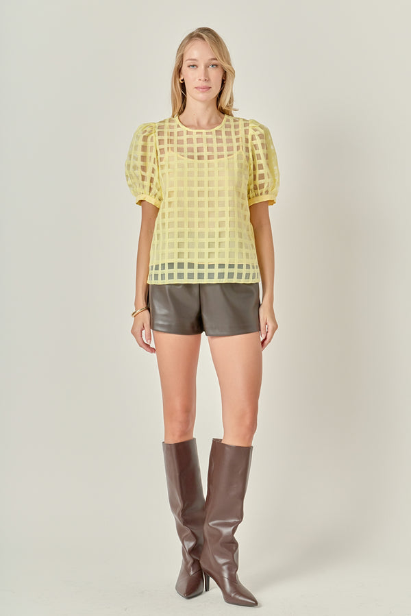 english factory Puff Sleeve Plaid Sheer Top LIGHT YELLOW