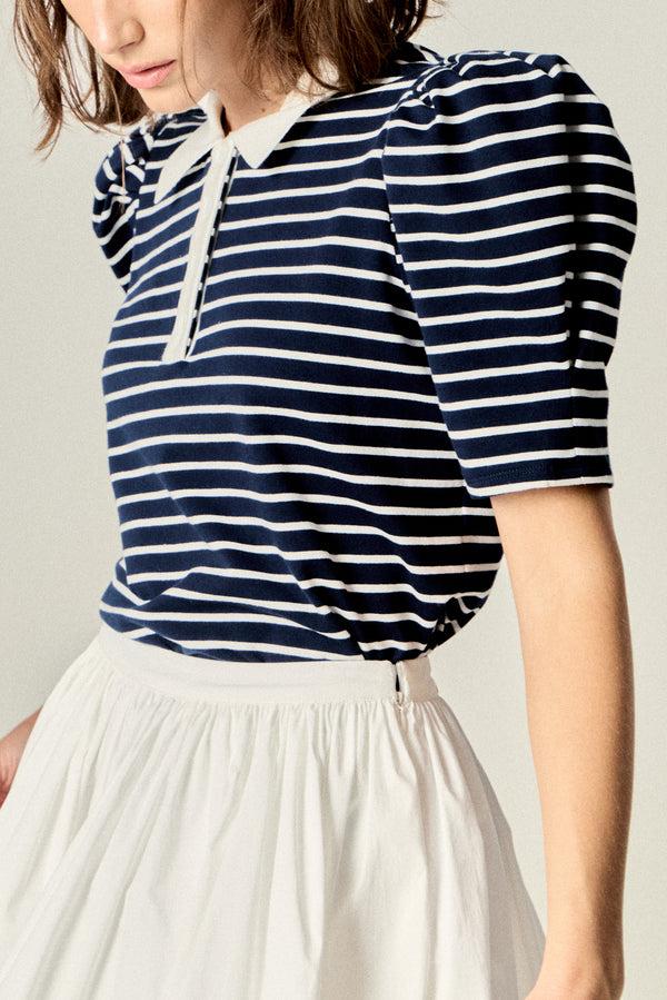 English Factory Puff Sleeve Polo Jersey Top NAVY/WHITE