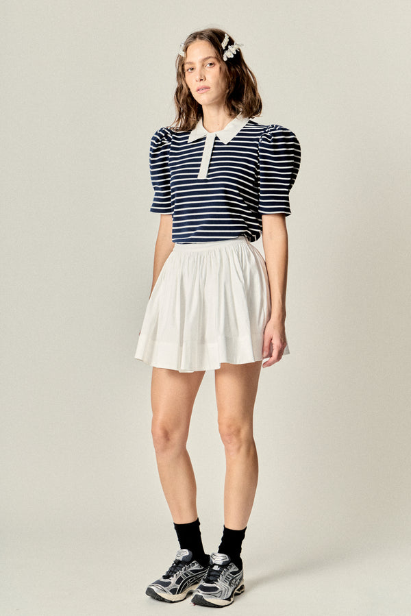 English Factory Puff Sleeve Polo Jersey Top NAVY/WHITE