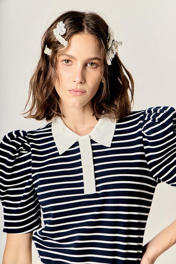 english factory Puff Sleeve Polo Jersey Top NAVY/WHITE