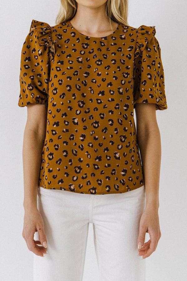 English Factory Puff Sleeve Printed Top BROWN MULTI